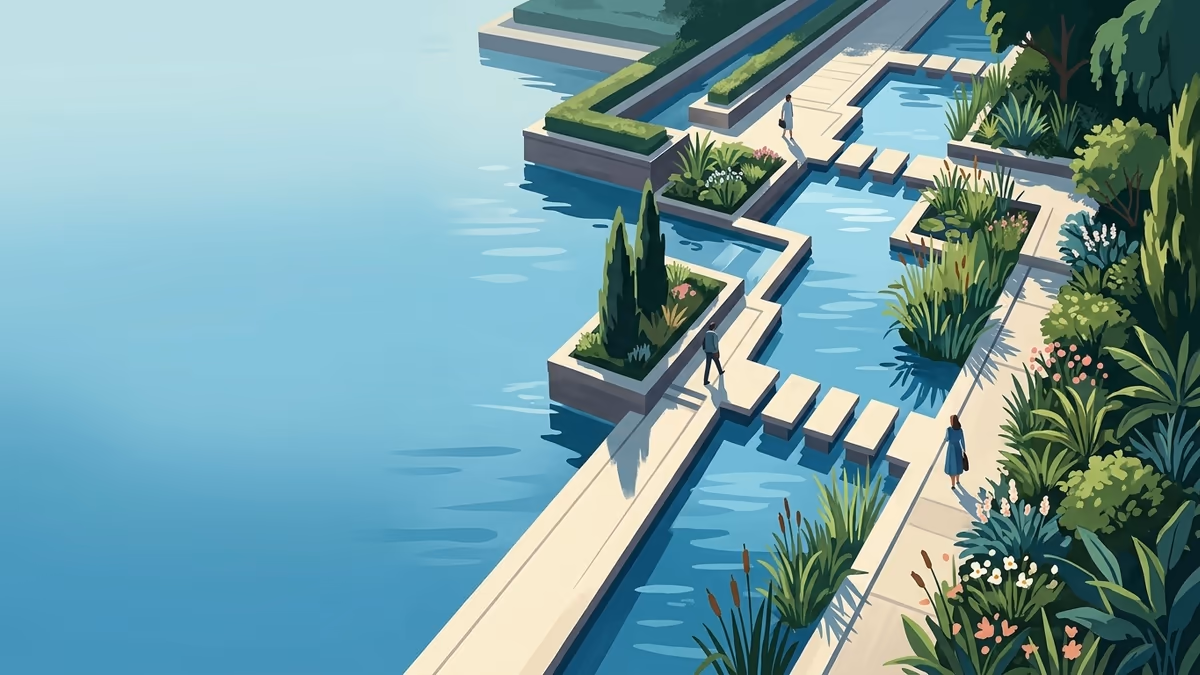 A scenic editorial illustration for "Resume Screening Software: A Recruiter's Guide for 2026" featuring a serene park with water channels, bridges, and precise pathways.