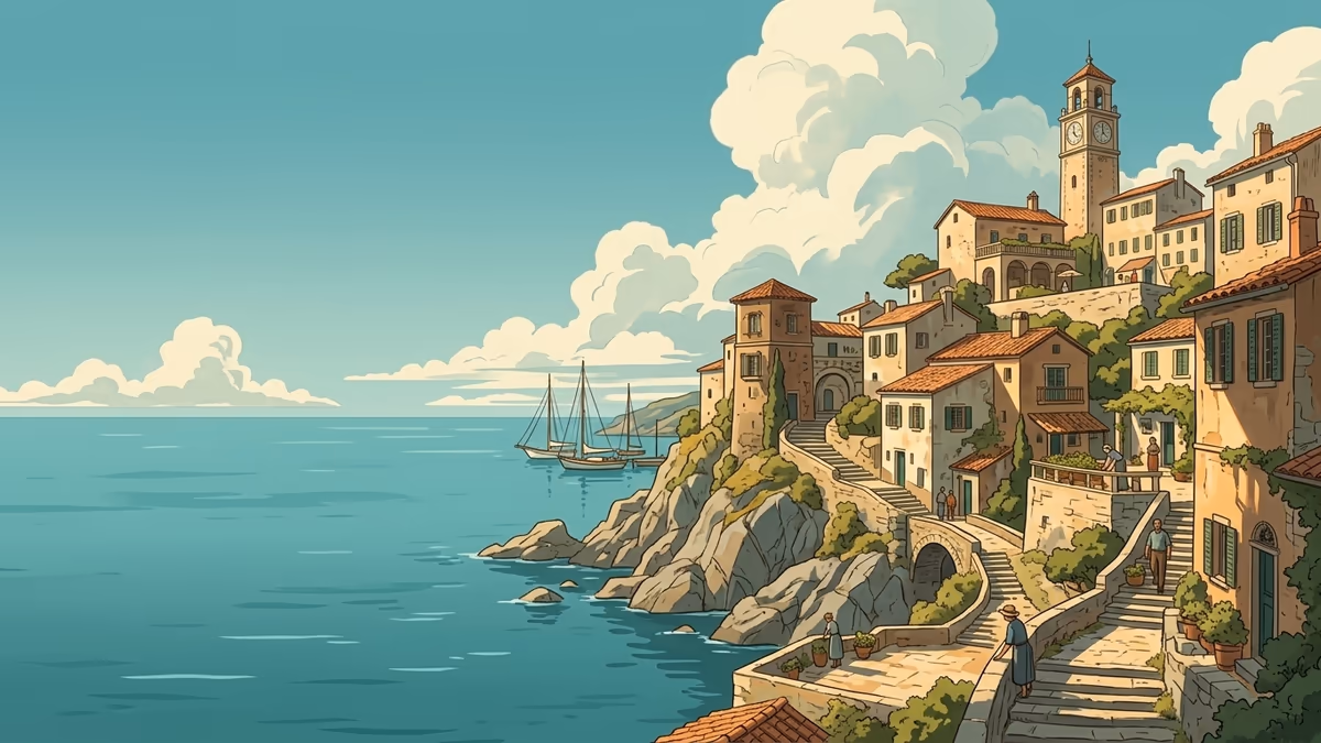 A scenic editorial illustration for "Recruitment Management System Software: A Practical Guide" featuring a hillside village with stepped paths and bright open sky.