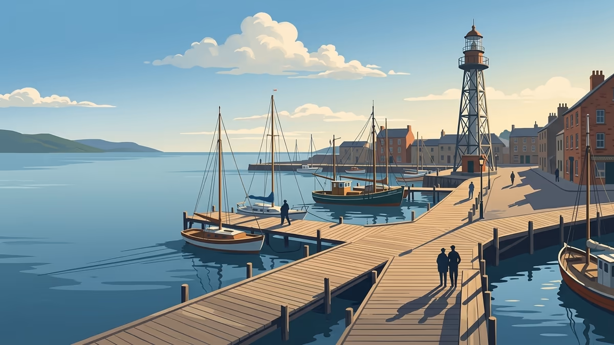 A scenic editorial illustration for "BANT Sales Methodology: A Practical Guide for 2026" featuring a harbor promenade with boats, boardwalks, and clean horizon lines.