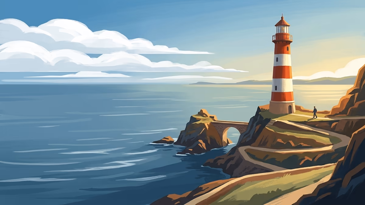 A scenic editorial illustration for "Your Practical Chatbot Integration Guide" featuring a coastal lighthouse and rocky shoreline under expansive clouds.