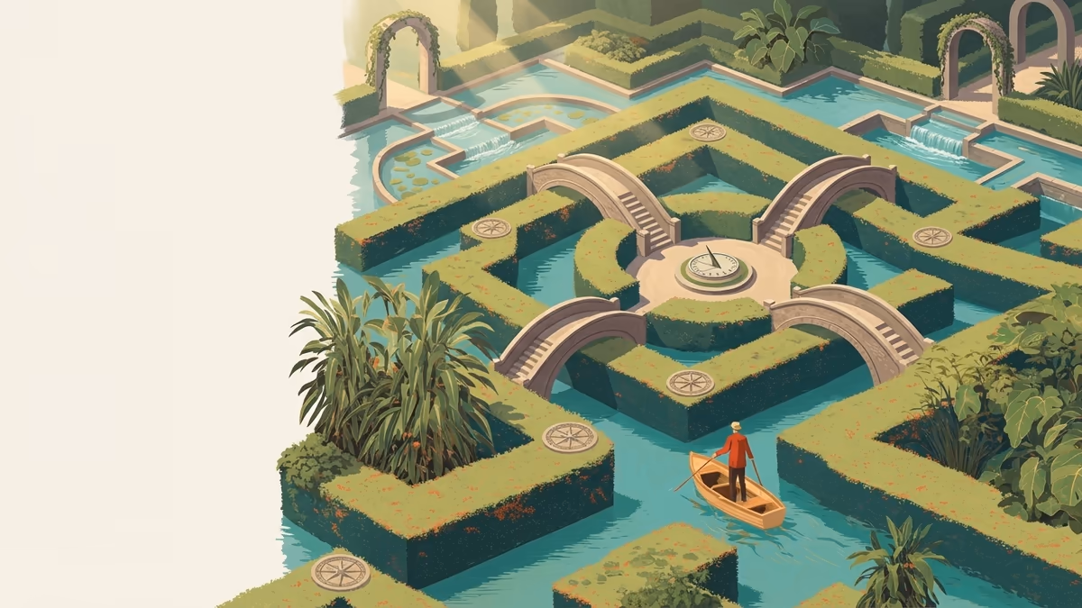 A scenic editorial illustration for "HubSpot Meeting Scheduler: A Complete How-To Guide (2026)" featuring a serene park with water channels, bridges, and precise pathways.